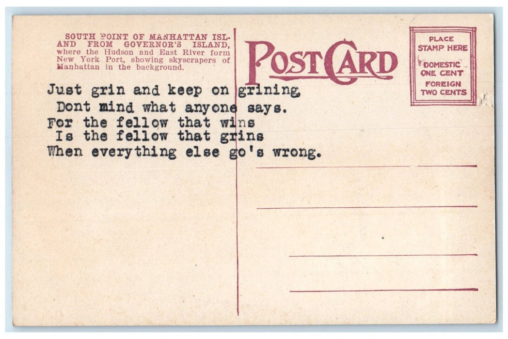 c1910 Steamer South Point Manhattan Island Governor Island New York NY Postcard