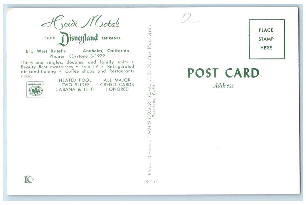 c1960 Heidi Motel South Disneyland Entrance Katella Anaheim California Postcard