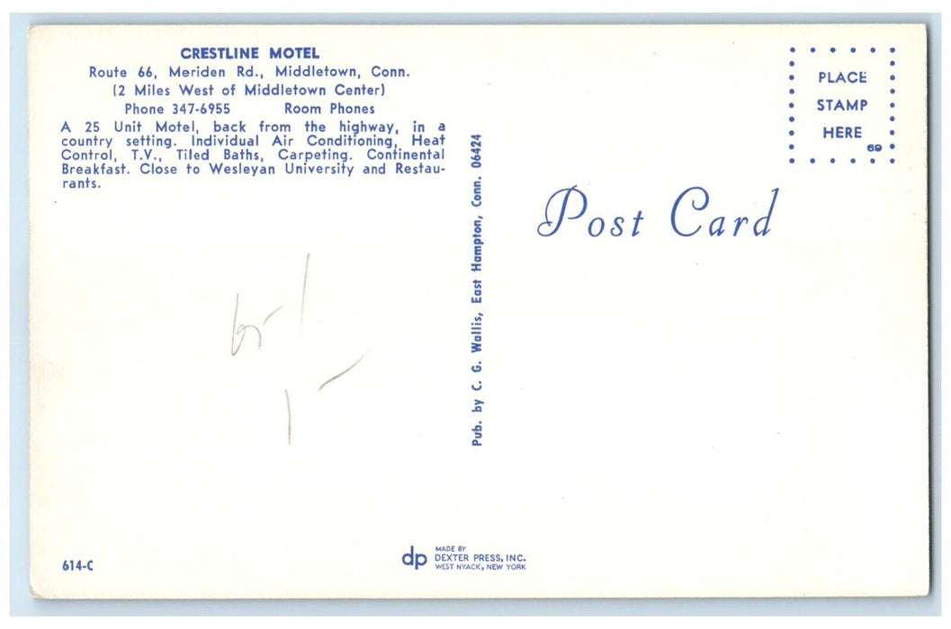 c1960 Crestline Motel Meriden Center Middletown Connecticut CT Vintage Postcard