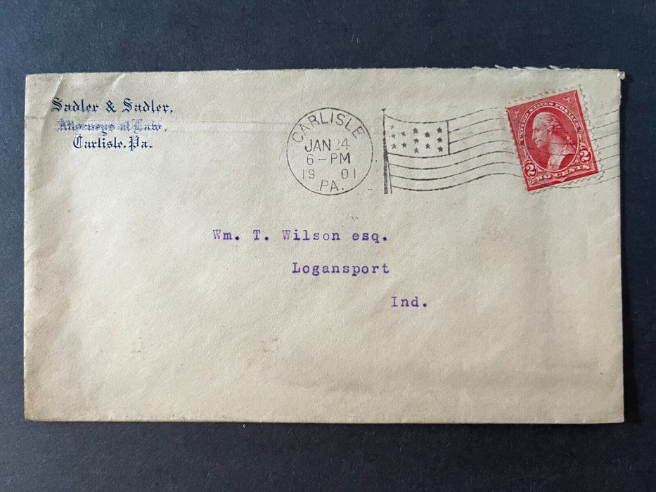 1901 Sadler & Sadler Carlisle Pennsylvania Logansport Flag Cancel 2 Cent Cover