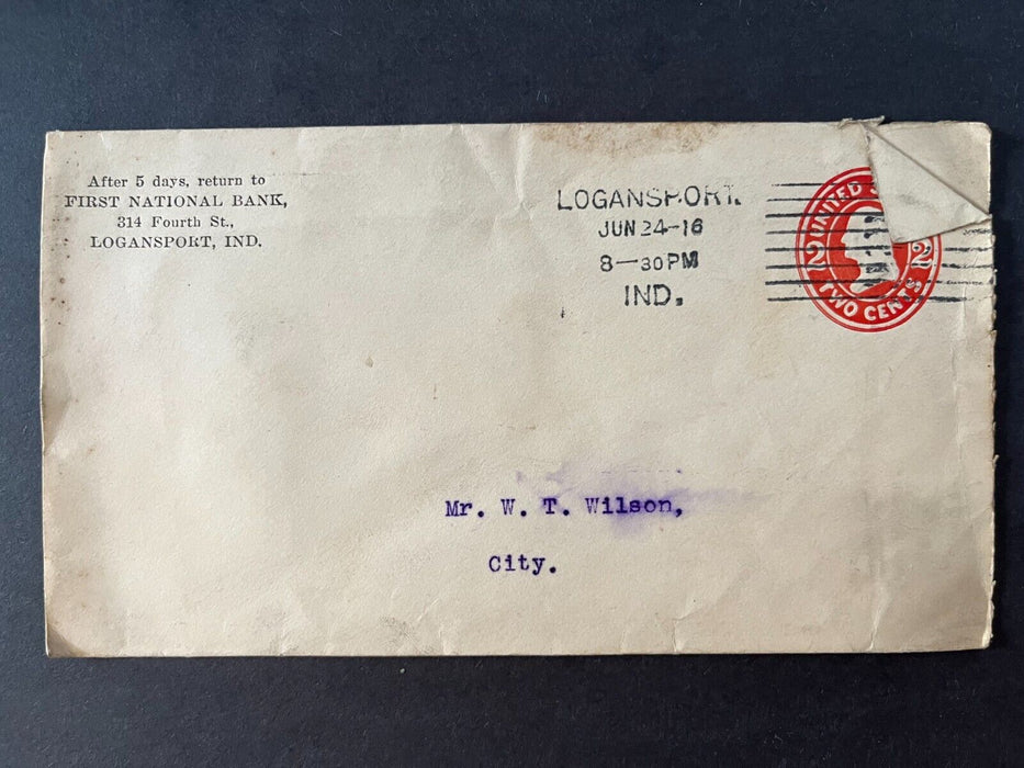 1916 First National Bank Logansport Indiana To City Doane Cancel 2 Cent Cover