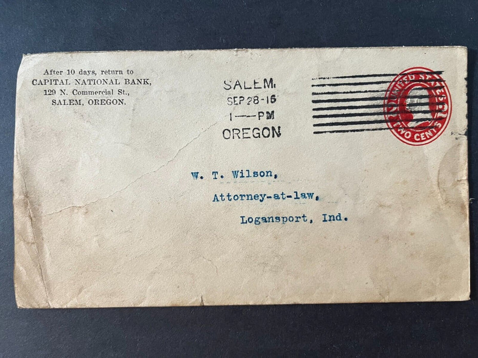 Capital National Bank Salem Oregon Logansport Indiana Doane Cancel 2 Cent Cover