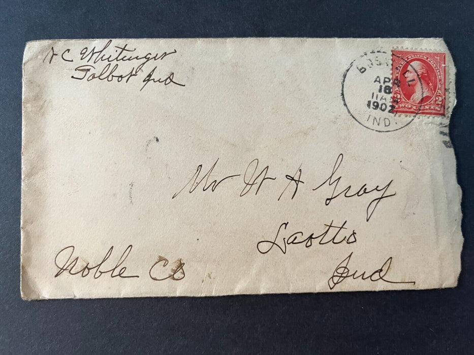 1902 Mr. Gray Talbot Indiana To Laotto Noble County Bowell Duplex Cancel Cover