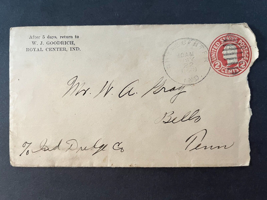 1920 WJ Goodrich Royal Center Indiana Bello Tennessee Duplex Cancel 2 Cent Cover