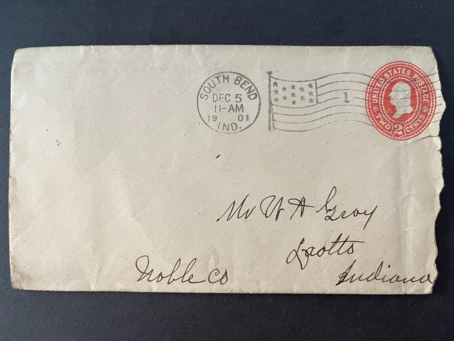 1901 Mr. Gray South Bend Indiana Laotto Noble Co. Flag Cancel 2 Cent Cover