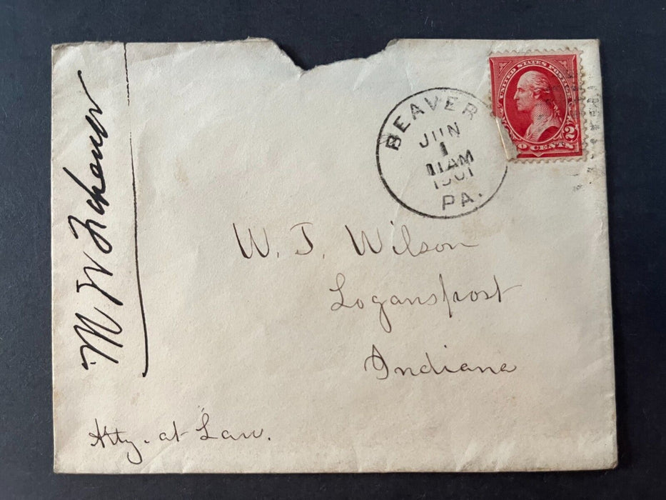 1901 Mr Wilson Logansport Indiana Beaver Pennsylvania Duplex Cancel 2 Cent Cover