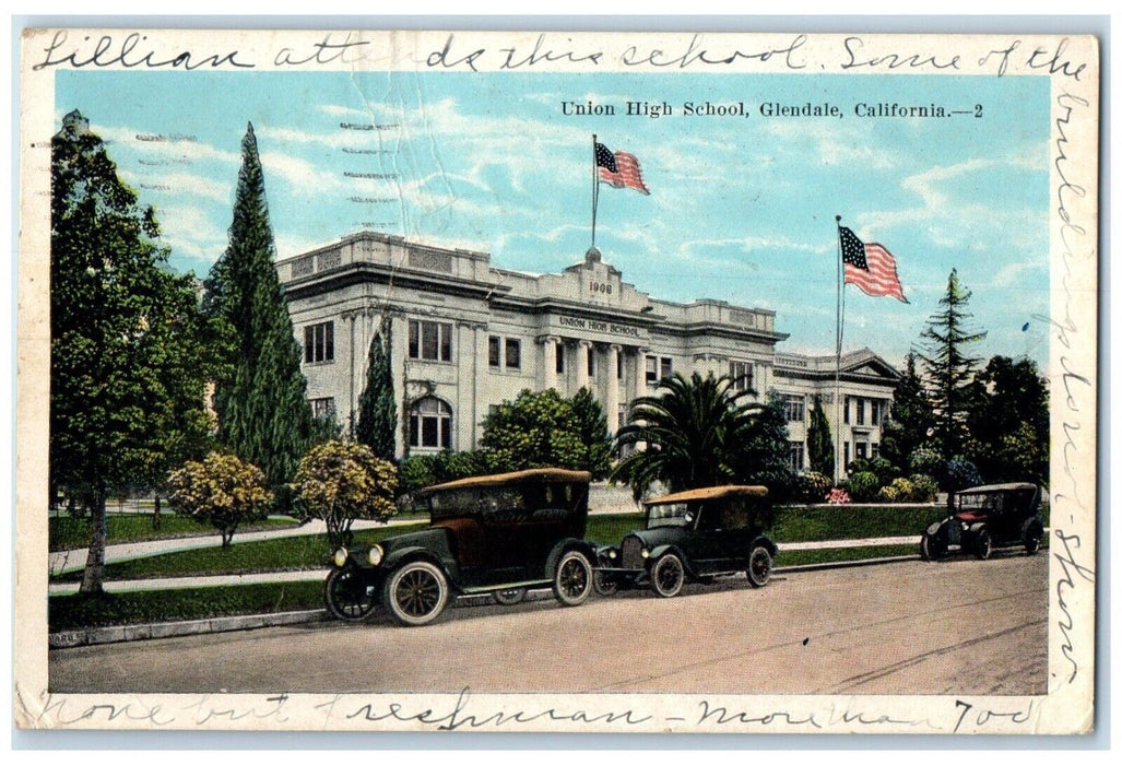 1924 Union High School Building Classic Cars Glendale California Posted Postcard