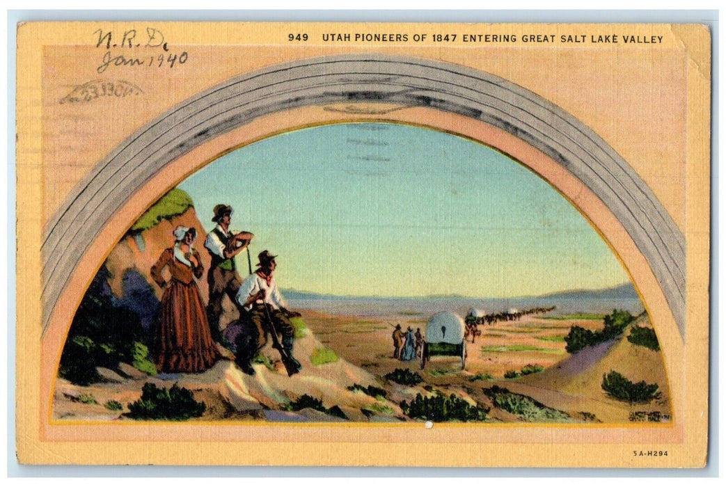 c1940 Utah Pioneers Entering 1847 Great Salt Lake Valley Arch Utah UT Postcard