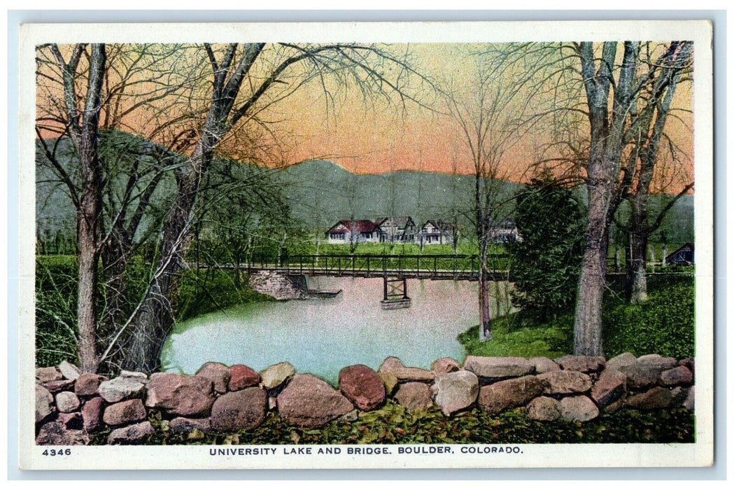 1920 Scenic View University Lake Bridge River Rocks Boulder Colorado CO Postcard