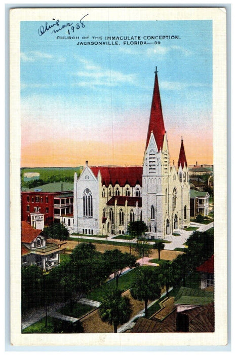 c1940 Aerial View Church Immaculate Conception Jacksonville Florida FL Postcard