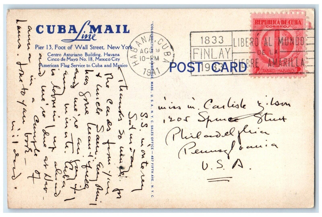 1941 Steamships Mexico Monterey Cuba Mail Line Wall Street New York NY Postcard