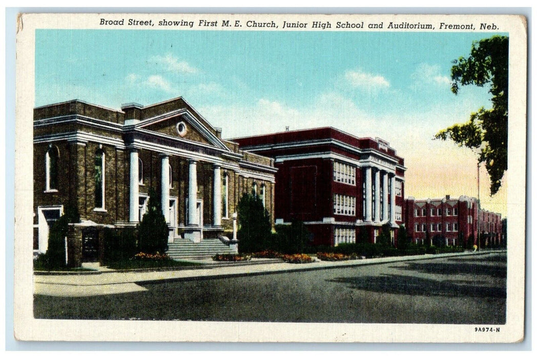 1950 Broad Street Showing First ME Church Junior High School Fermont NE Postcard