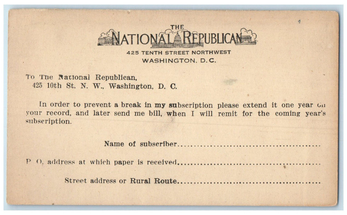 c1900's The National Republican Washington DC Subscription Letter Postal Card