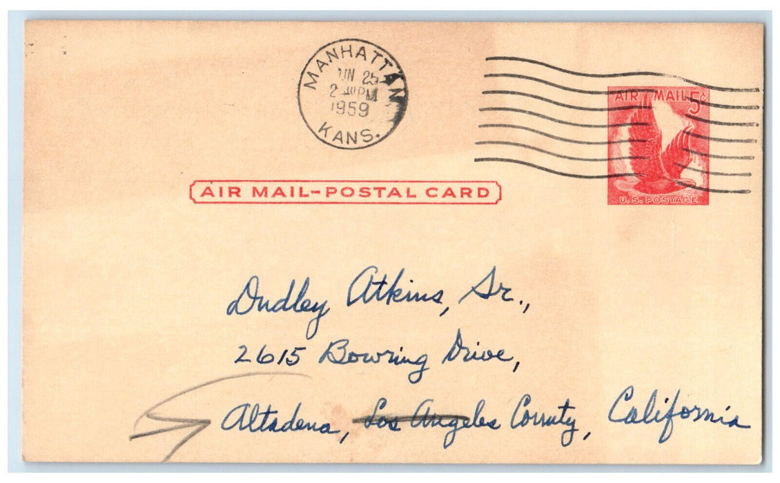 1959 Letter for Grandpa Manhattan Kansas KS Air Mail Posted Postal Card