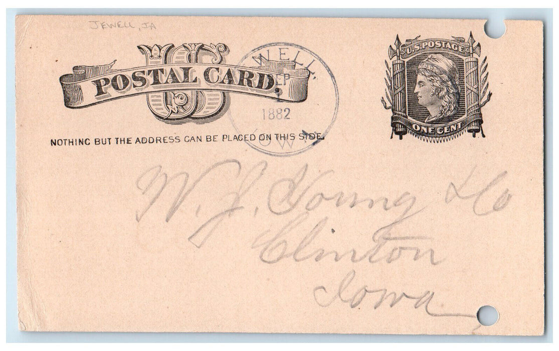 1882 WJ Young & Co JM Strong & Co Jewell Iowa IA Clinton IA Postal Card