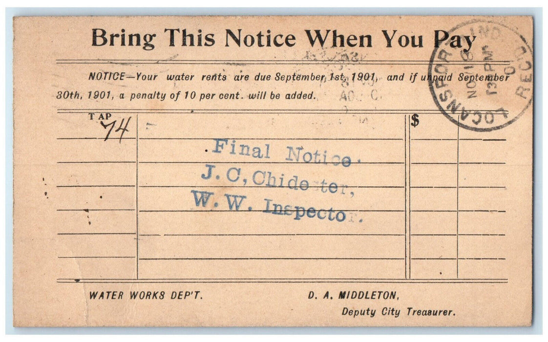 1901 DA Middleton Deputy City Treasurer Final Notice Logansport IN Postal Card