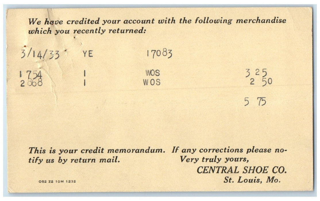 1933 Credit Memorandum Central Shoe Co. St. Louis Missouri MO Postal Card