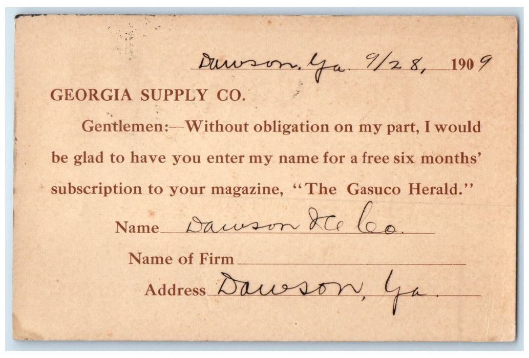 1909 Georgia Supply Co. Dawson GA Savannah GA Magazine Subscription Postal Card