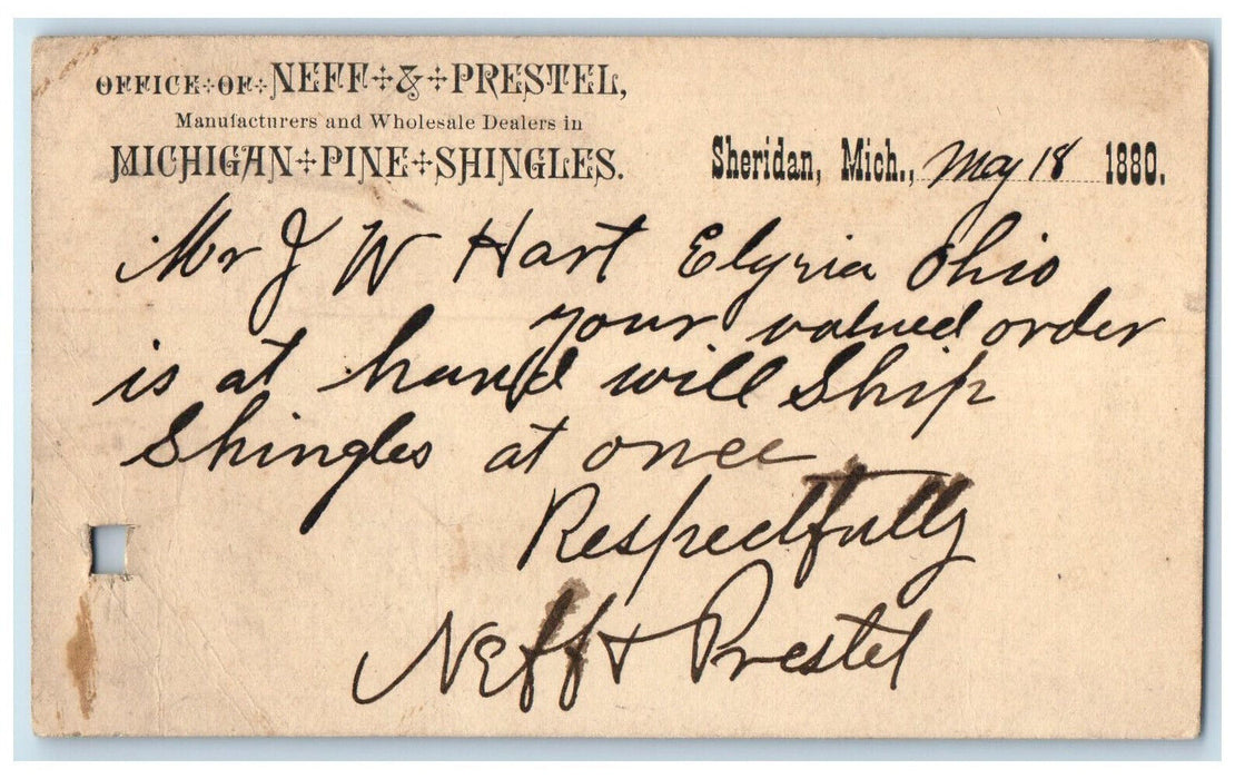 1880 Office of Neff & Prestel Dealers of Michigan Shingles Sheridan Postal Card