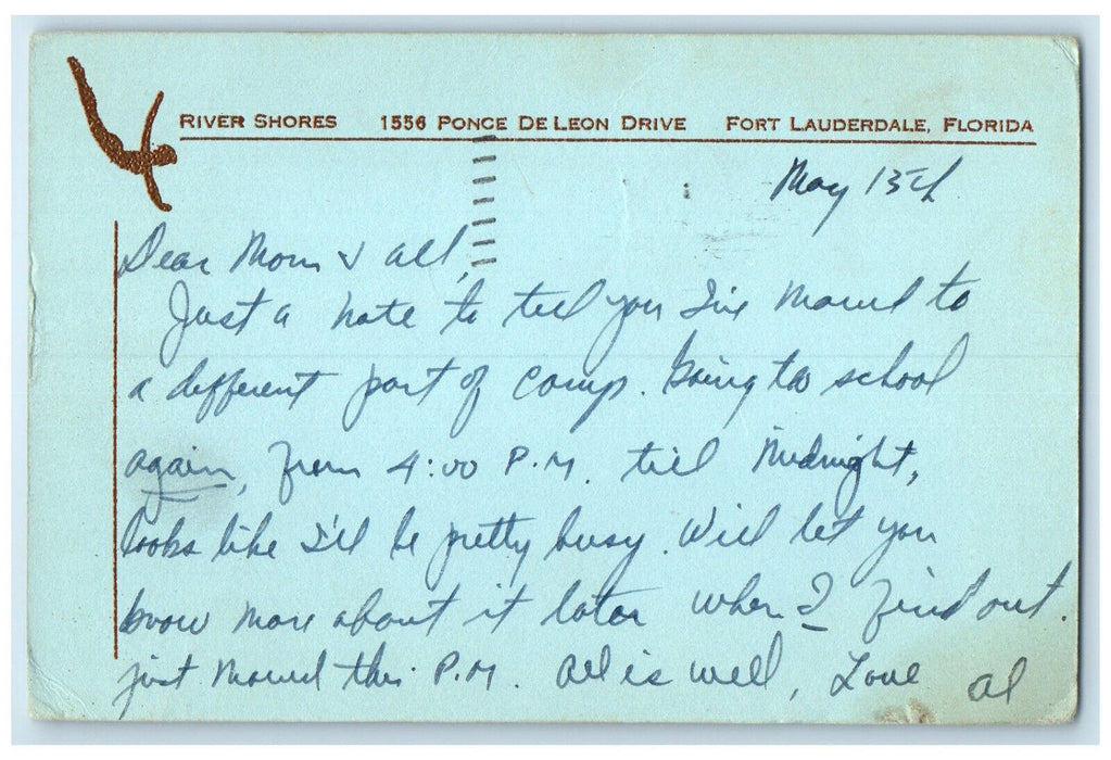 1944 River Shores Fort Lauderdale Florida FL Camp Crowder MO Postal Card
