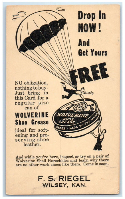 c1930's Wolverine Shoe Grease Parachute F.S. Riegel Wilsey Kansas KS Postal Card