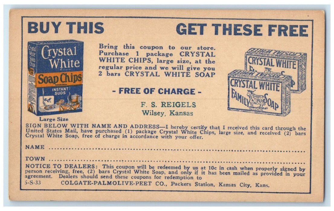 c1930's Crystal White Soap Chips FS Reigels Wilsey Kansas KS Postal Card