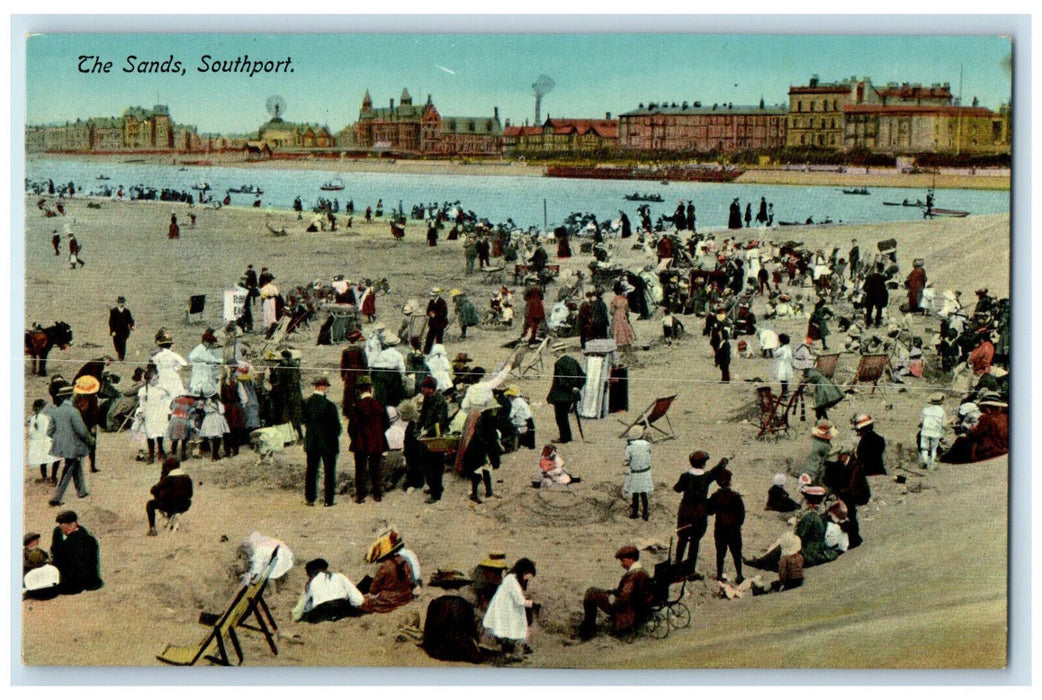 c1910 Crowd at The Sands Southport Merseyside England Antique Postcard