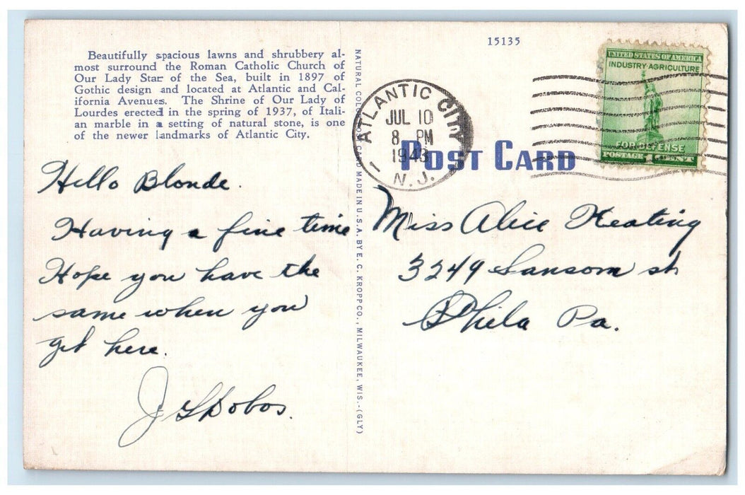 1943 Our Lady Star Sea Shrine Lady Lourdes Atlantic City New Jersey NJ Postcard