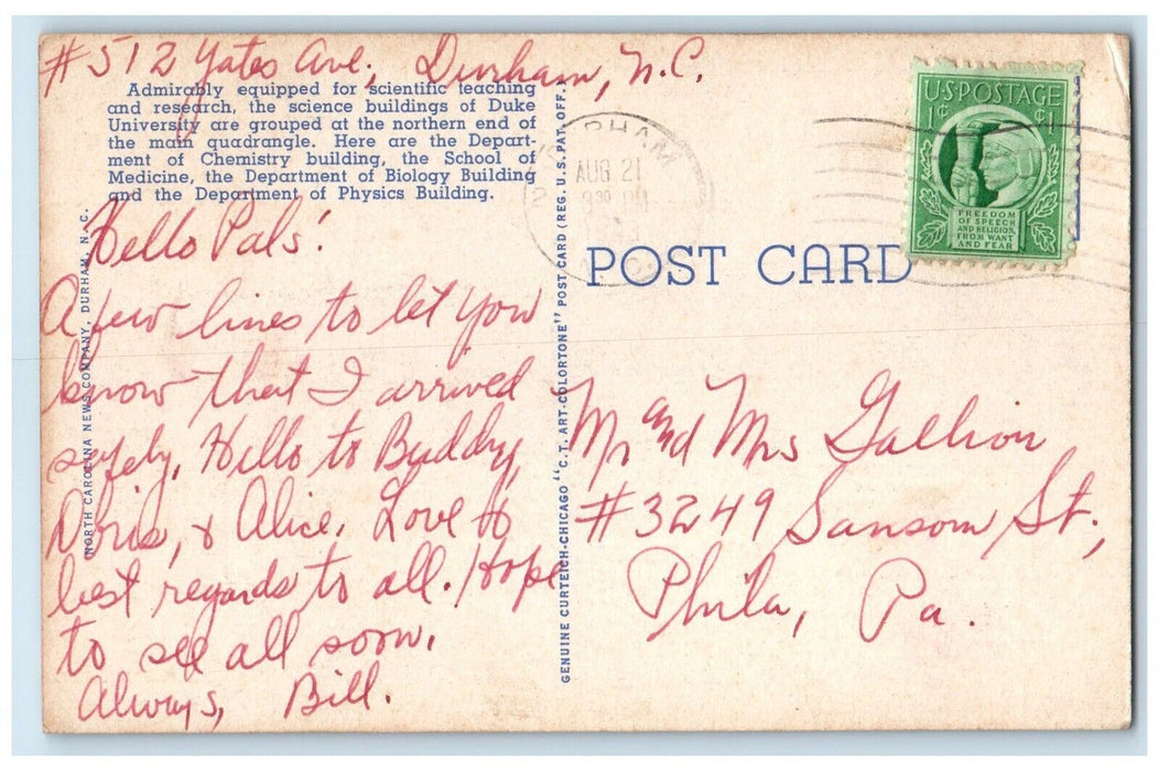 1943 Science Quadrangle School Medicine Center Duke University Durham Postcard