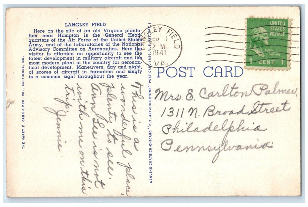 1941 Entrance Langley General Headquarters Air Force Field Virginia VA Postcard