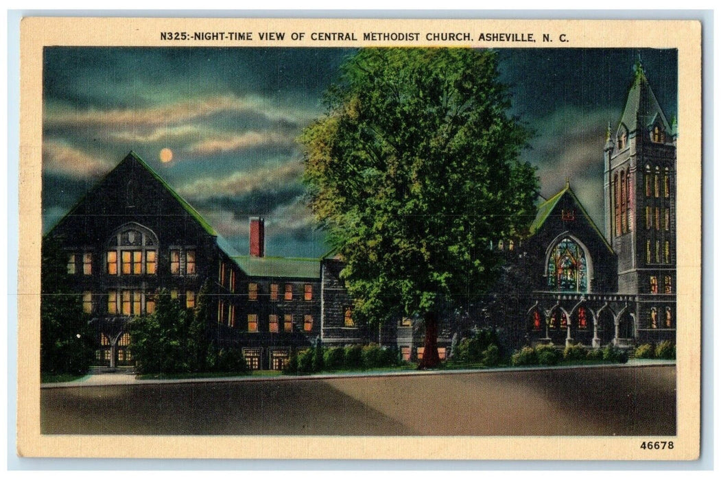 c1940 Night-Time View Central Methodist Church Asheville North Carolina Postcard