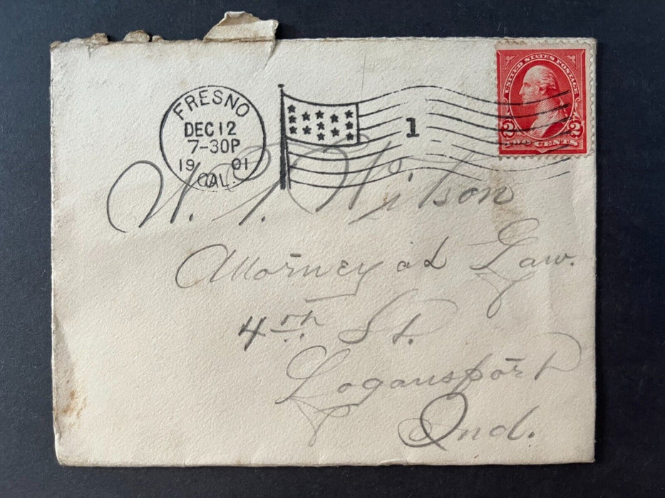 1901 Mr. Wilson Fresno California Logansport Indiana Flag Cancel 2 Cent Cover