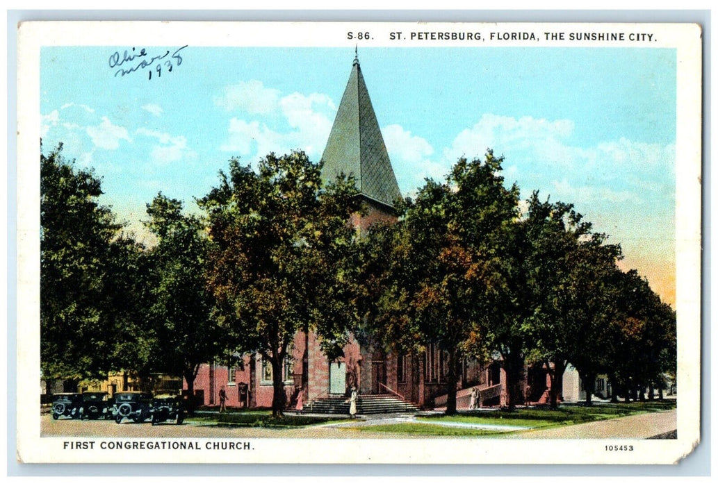 c1920 First Congregational Church Sunshine City St. Petersburg Florida Postcard