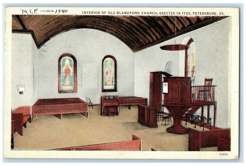 1938 Interior Old Blandford Church Erected Chapel Petersburg Virginia Postcard