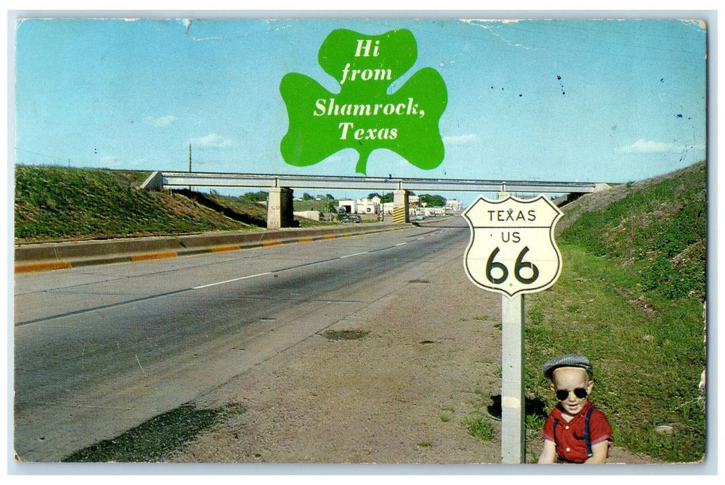 1965 Hi From Shamrock Scenic 4-Lane Highway US 66 Shamrock Texas TX Postcard