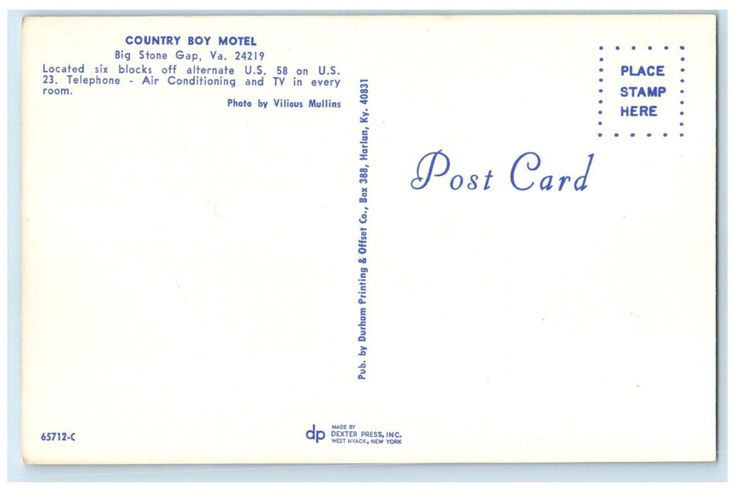 c1950's Country Boy Motel & Restaurant Big Stone Gap Virginia VA Postcard