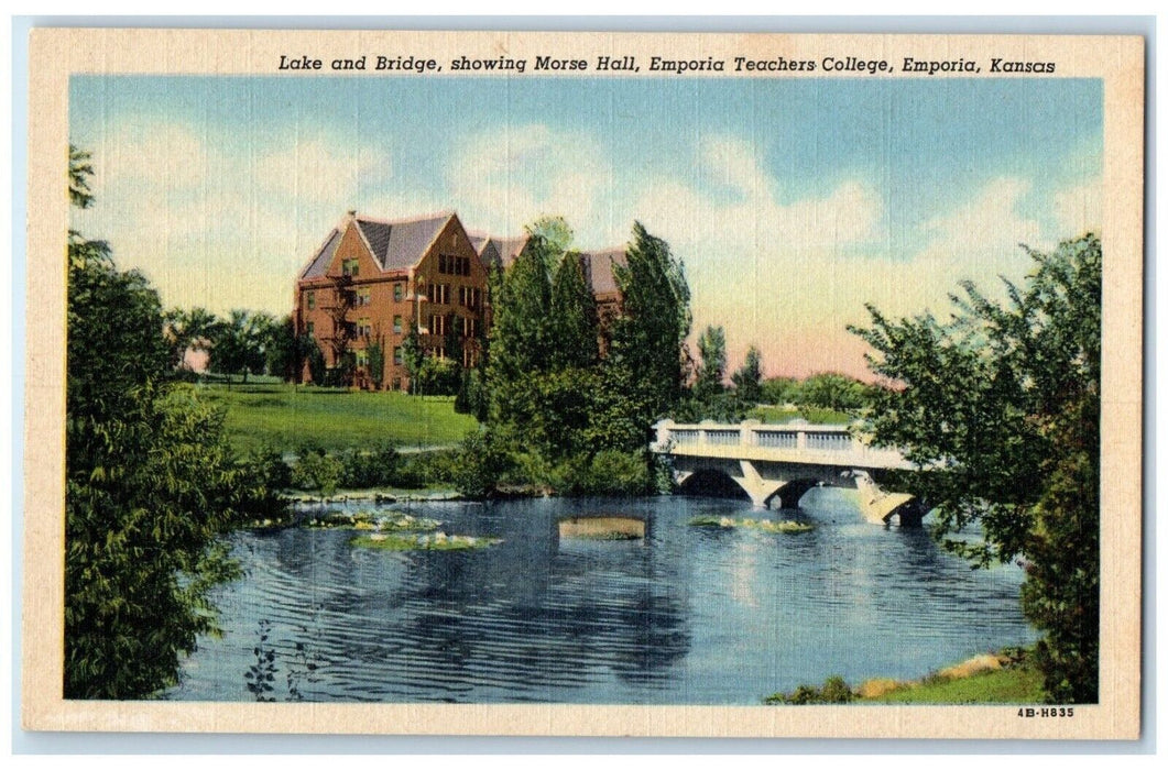 c1940 Lake Bridge Showing Morse Hall Emporia Teachers College Kansas KS Postcard