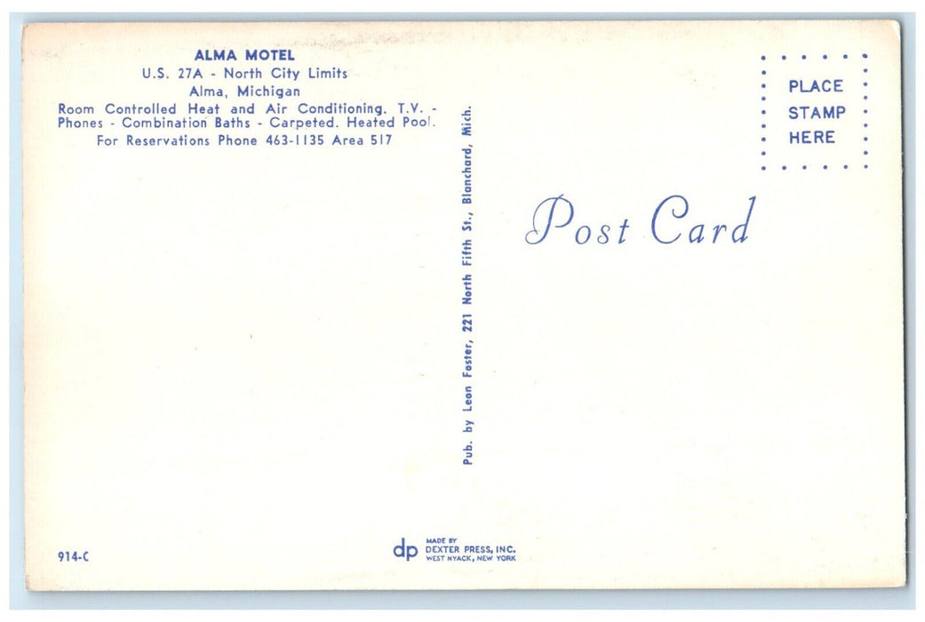 c1950's Alma Motel Cars US 27A North City Limits Alma Michigan MI Postcard
