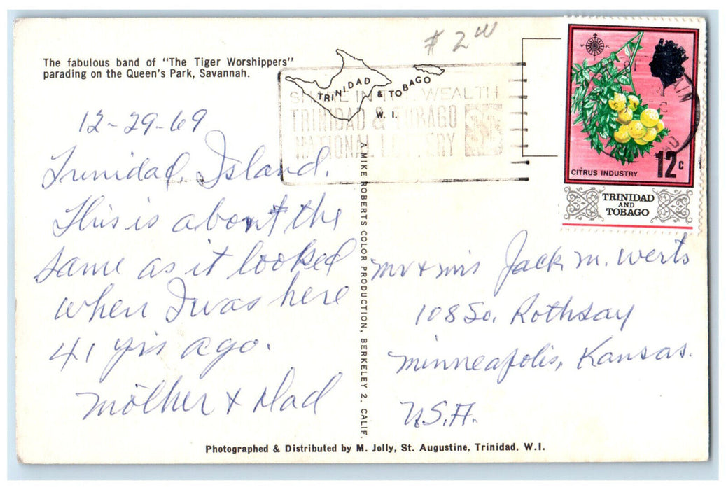 1969 Tiger Worshippers Parading Queen's Park Savannah Trinidad & Tobago Postcard
