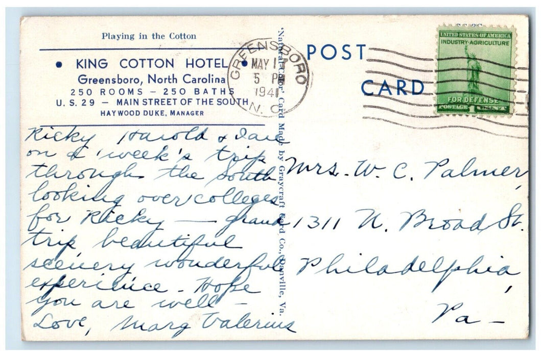 1941 King Cotton Hotel Main Street South Greensboro North Carolina NC Postcard