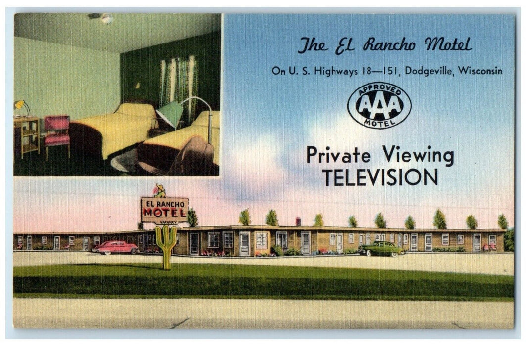 c1950's The El Rancho Motel Rom View Dodgeville Wisconsin WI Vintage Postcard