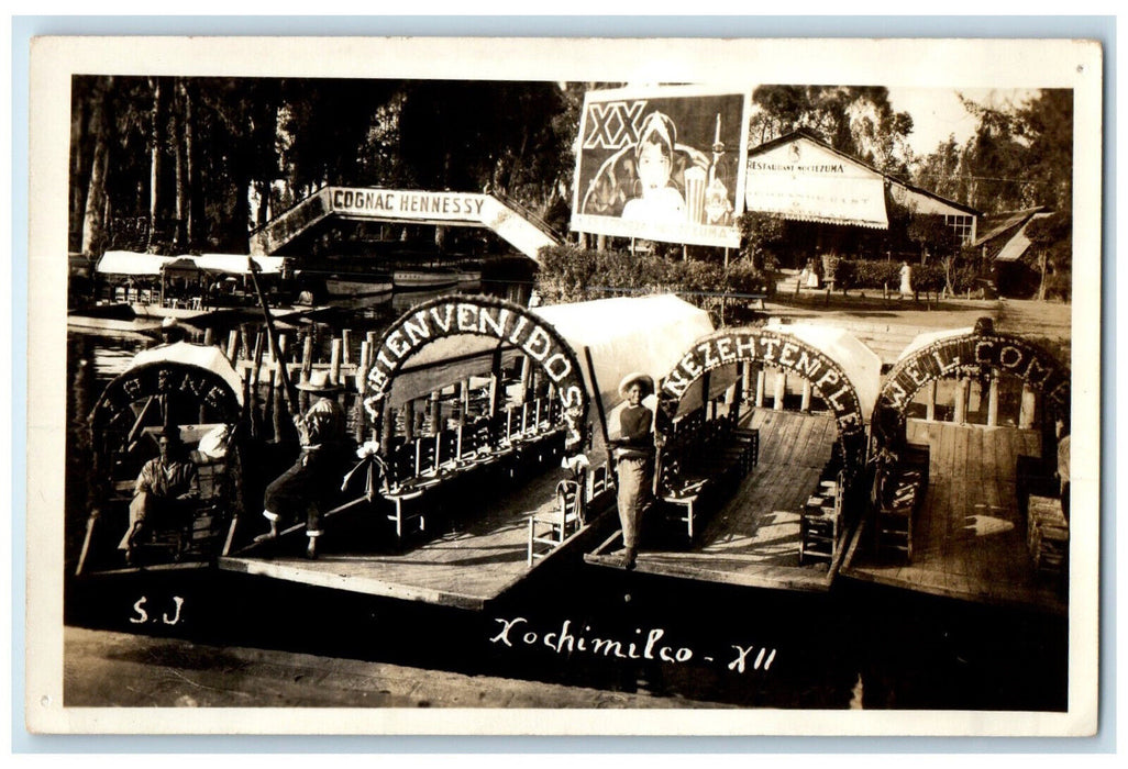 c1940's Cognac Hennessy Bienvenidos Arch Xochimilco Mexico RPPC Photo Postcard