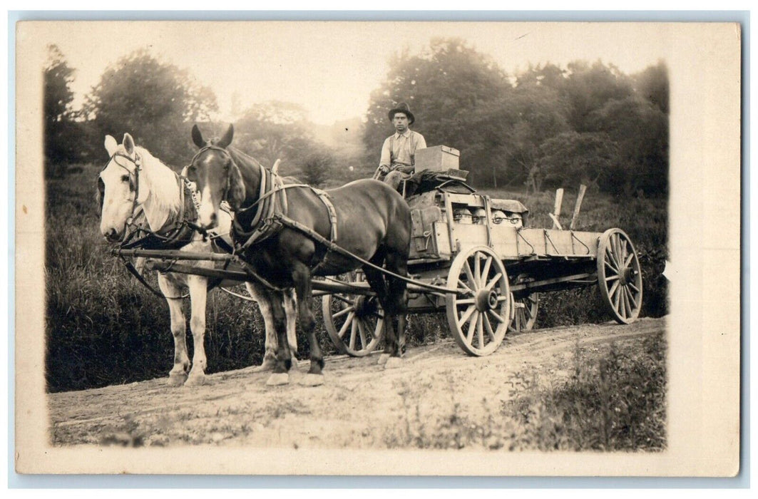 c1910's Milk Hauling Horses Carriage RPPC Photo Unposted Antique Postcard