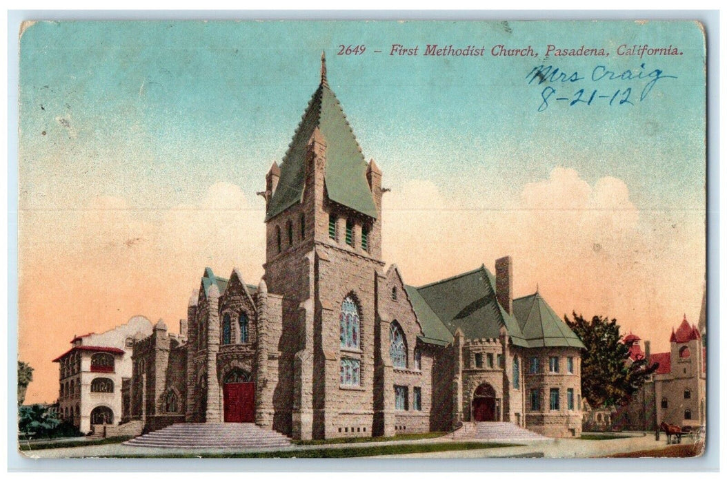 1912 First Methodist Church Exterior Building Stair Pasadena California Postcard