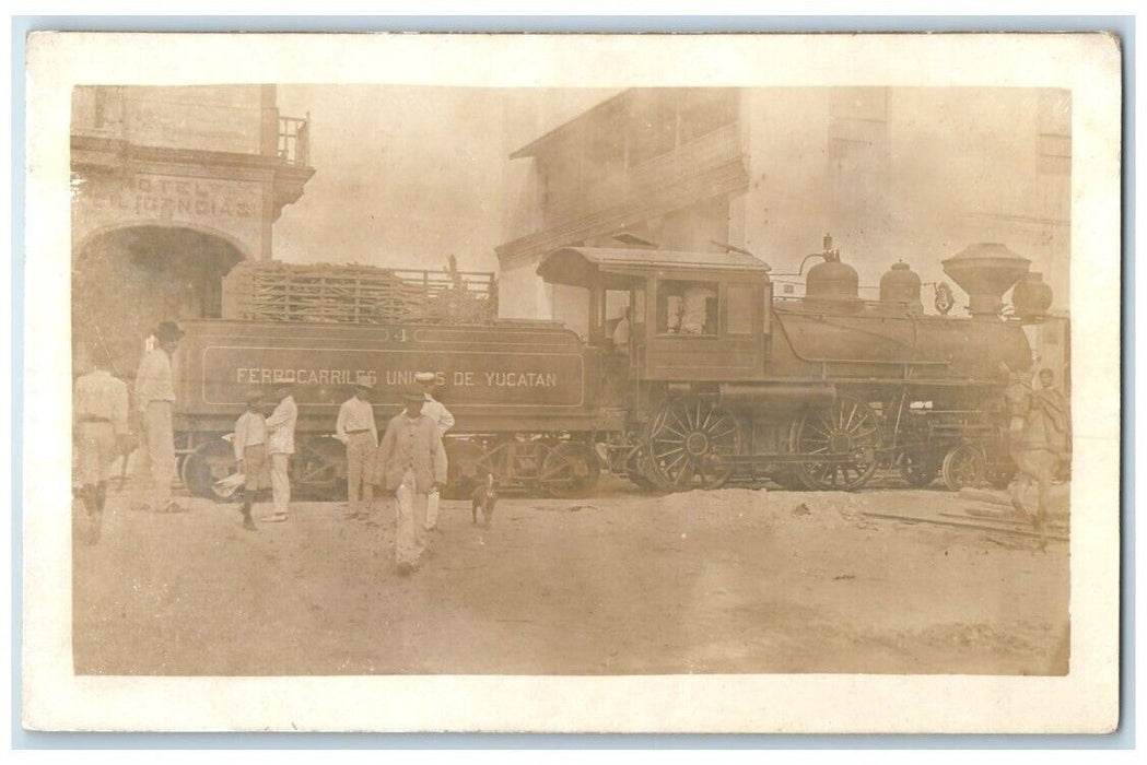 c1918 Railroad Train Depot Dog Donkey Burro Yucatan Mexico RPPC Photo Postcard