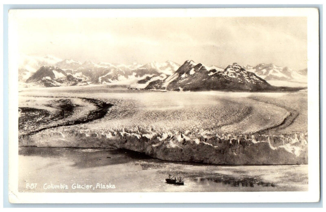 c1940's View Of Columbia Glacier Alaska AK, Boat Scene RPPC Photo Postcard