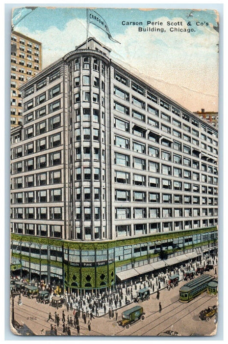 1917 Carson Perie Scott & Co's Building Trolley Car Chicago Illinois IL Postcard