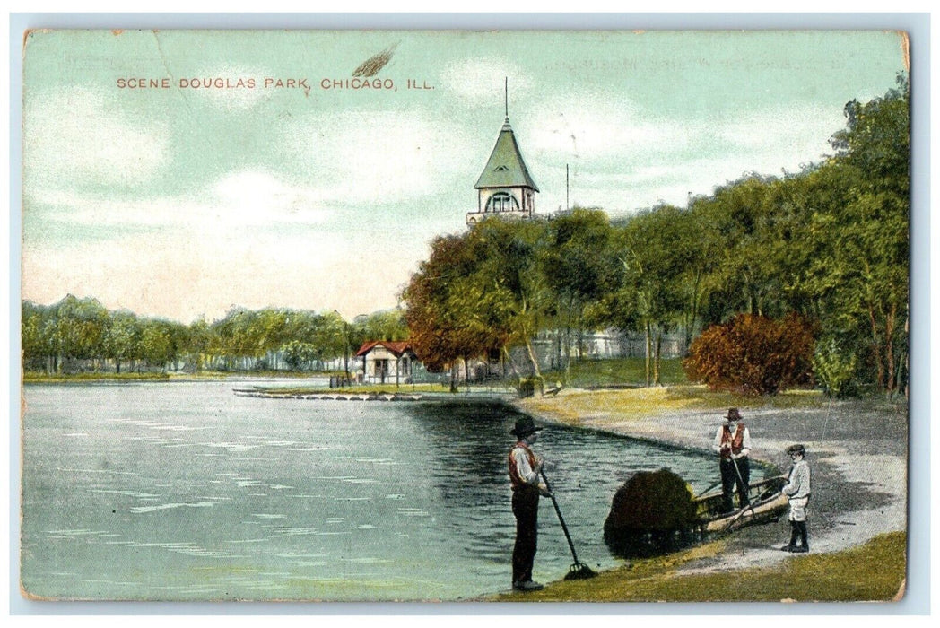 1908 Scene Douglas Park Chicago Illinois IL, Boat Posted Antique Postcard