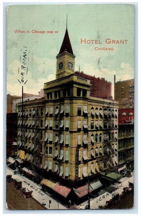 c1910's Hotel Grant Building Stores Cars Chicago Illinois IL Antique Postcard