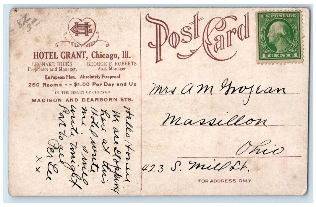 c1910's Hotel Grant Building Stores Cars Chicago Illinois IL Antique Postcard